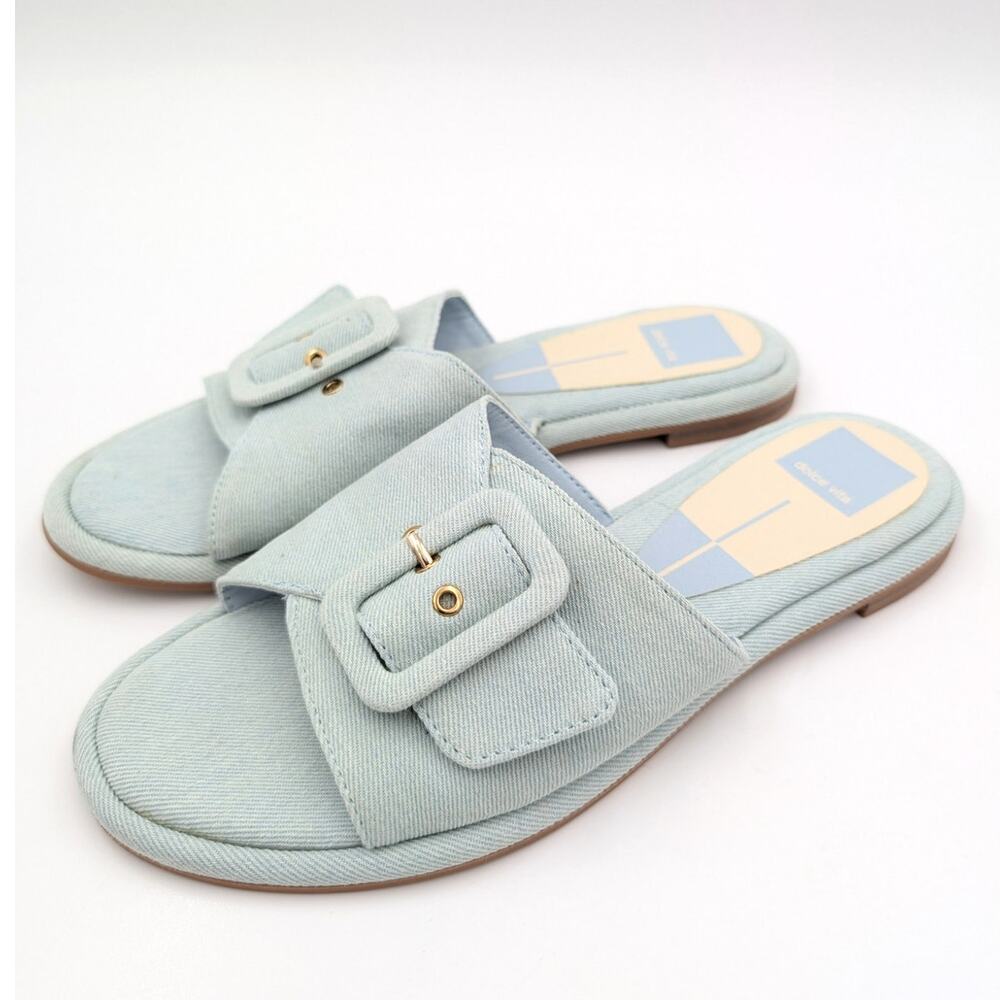 Dolce Vita Albey Slide Sandals Tweed Fabric Buckle Open Toe Blue Size US8